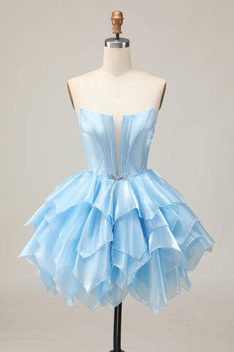 Blue A Line Corset Strapless Short Prom Dress with Ruffles