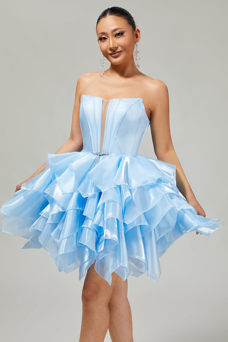 Load image into Gallery viewer, Blue A Line Corset Strapless Short Prom Dress with Ruffles