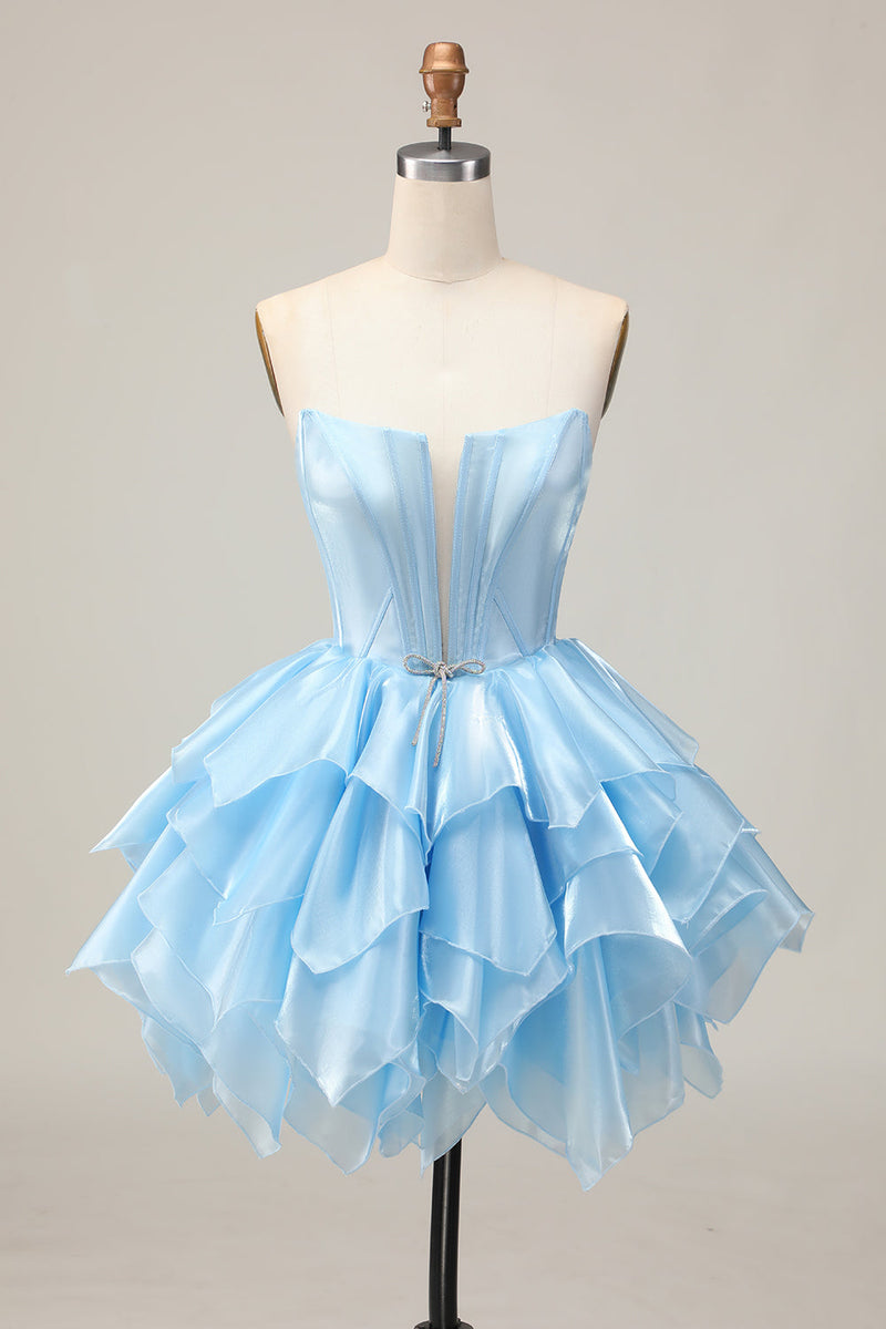Load image into Gallery viewer, Blue A Line Corset Strapless Short Prom Dress with Ruffles