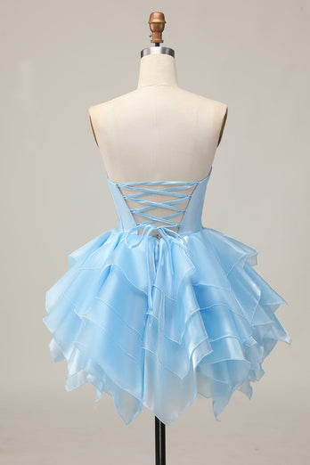 Pink A Line Tiered Corset Short Prom Dress with Ruffles