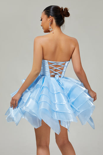 Blue A Line Corset Strapless Short Prom Dress with Ruffles