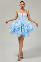 Load image into Gallery viewer, Blue A Line Corset Strapless Short Prom Dress with Ruffles