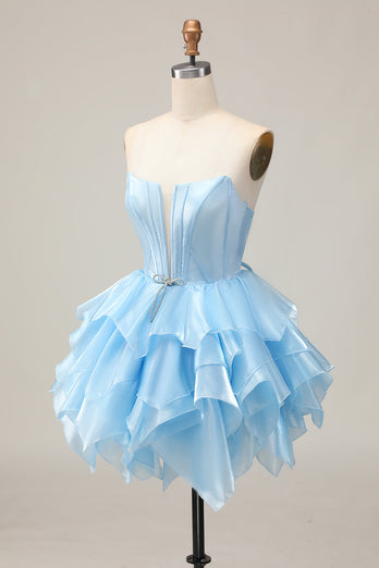 Pink A Line Tiered Corset Short Prom Dress with Ruffles