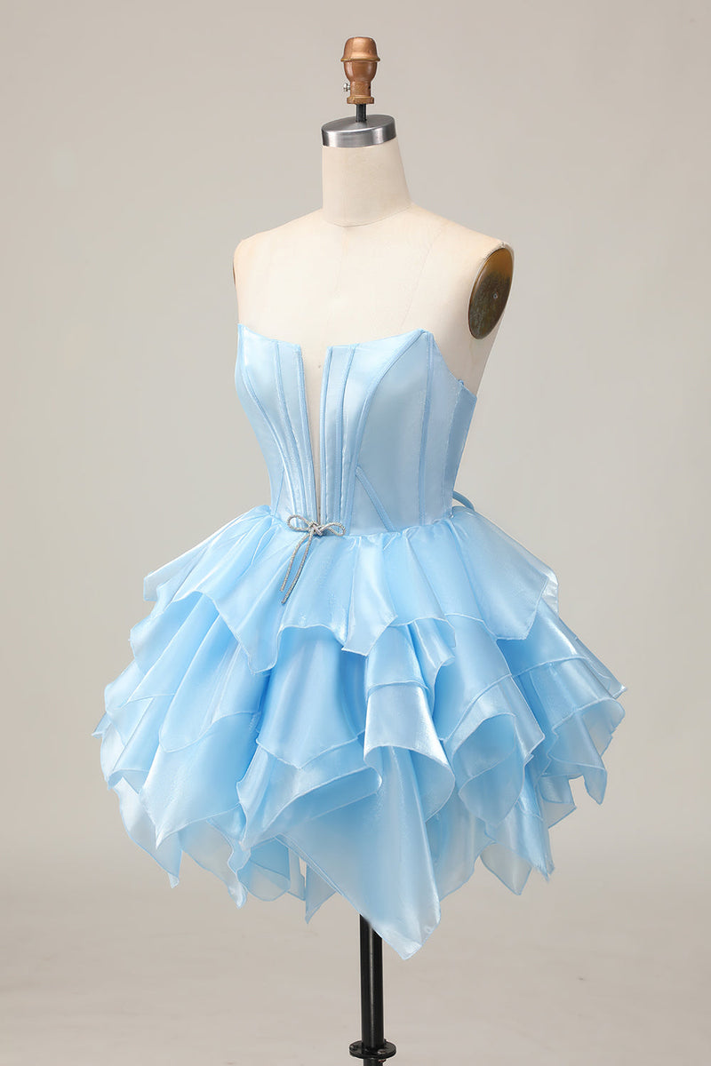 Load image into Gallery viewer, Pink A Line Tiered Corset Short Prom Dress with Ruffles