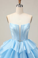 Load image into Gallery viewer, Blue A Line Corset Strapless Short Prom Dress with Ruffles