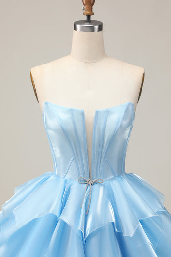 Blue A Line Corset Strapless Short Prom Dress with Ruffles