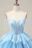 Load image into Gallery viewer, Pink A Line Tiered Corset Short Prom Dress with Ruffles