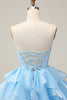 Load image into Gallery viewer, Pink A Line Tiered Corset Short Prom Dress with Ruffles