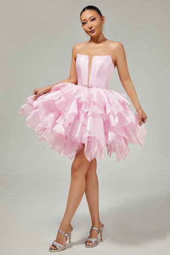 Pink A Line Tiered Corset Short Prom Dress with Ruffles