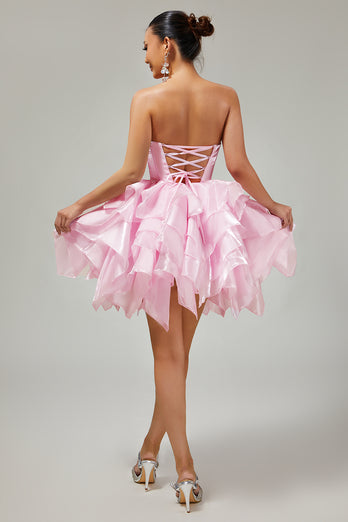 Pink A Line Tiered Corset Short Prom Dress with Ruffles