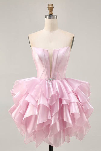 Pink A Line Tiered Corset Short Prom Dress with Ruffles