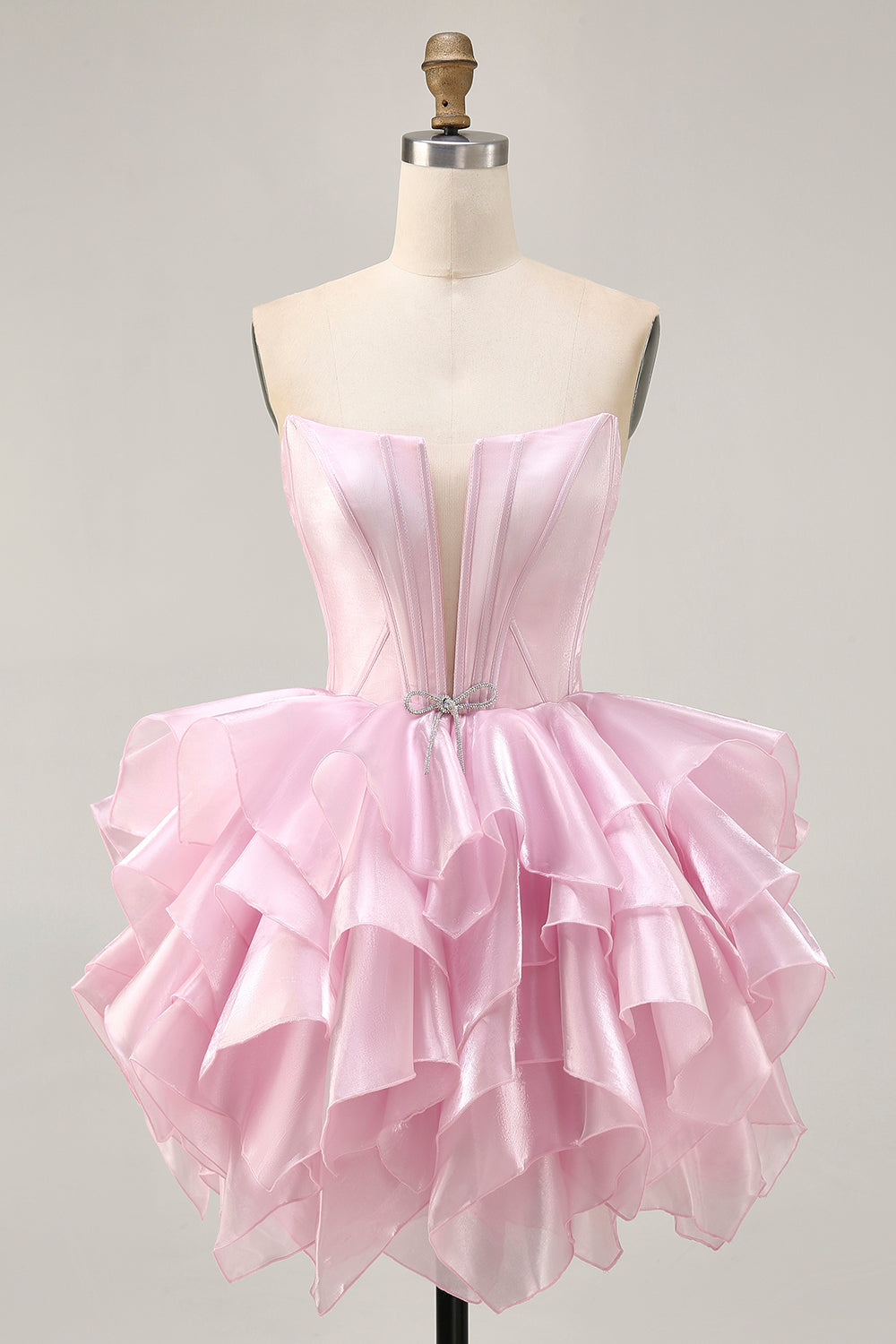Pink A Line Tiered Corset Short Prom Dress with Ruffles