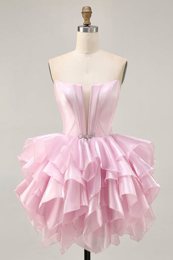 Blue A Line Corset Strapless Short Prom Dress with Ruffles