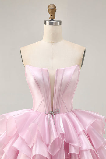 Blue A Line Corset Strapless Short Prom Dress with Ruffles