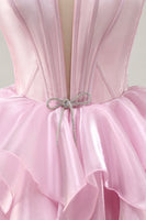 Load image into Gallery viewer, Pink A Line Tiered Corset Short Prom Dress with Ruffles