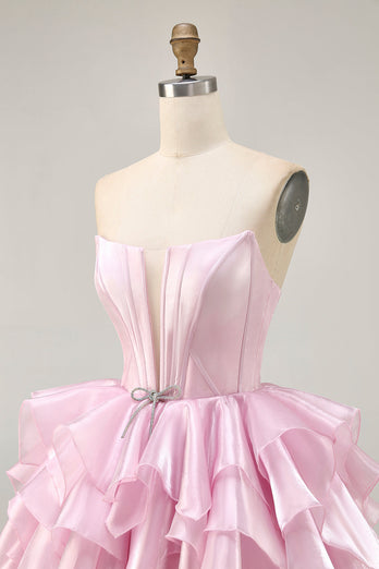 Blue A Line Corset Strapless Short Prom Dress with Ruffles