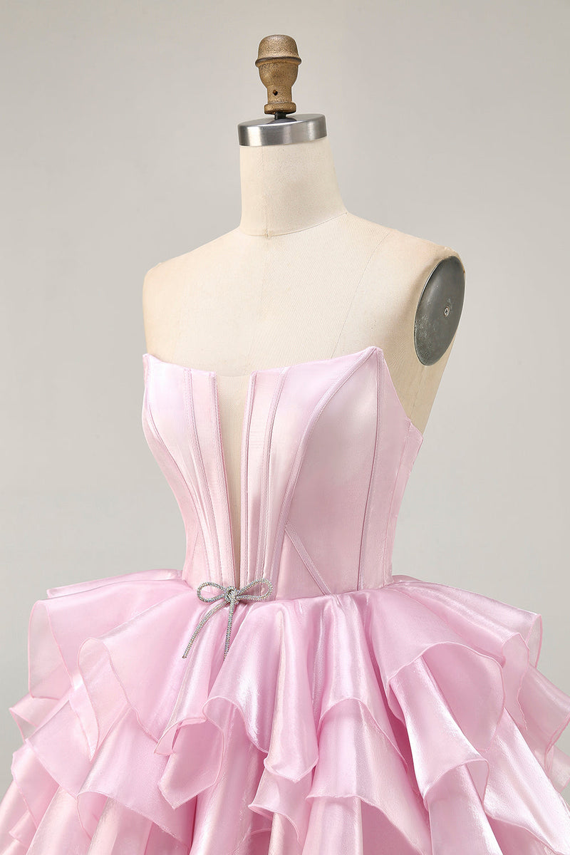 Load image into Gallery viewer, Blue A Line Corset Strapless Short Prom Dress with Ruffles