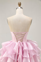 Load image into Gallery viewer, Pink A Line Tiered Corset Short Prom Dress with Ruffles