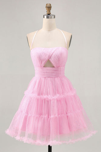 Glitter Pink Short Ruffled Prom Dress with Keyhole