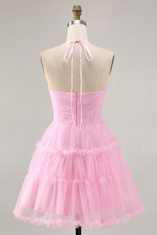 Glitter Pink Short Ruffled Prom Dress with Keyhole