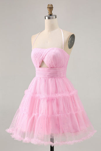 Glitter Pink Short Ruffled Prom Dress with Keyhole