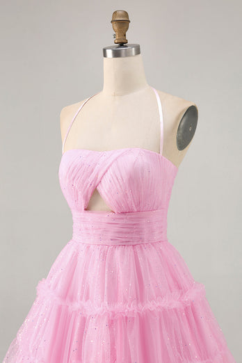 Glitter Pink Short Ruffled Prom Dress with Keyhole