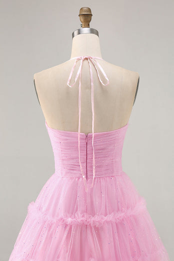 Glitter Pink Short Ruffled Prom Dress with Keyhole