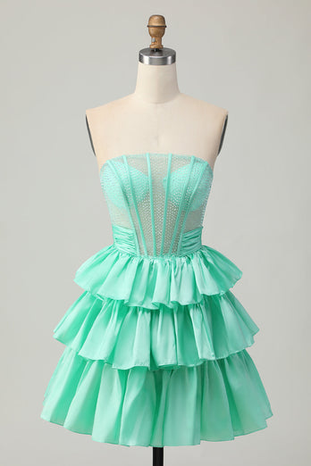 Sparkly Red Ruffled Strapless Corset Short Prom Dress with Bow