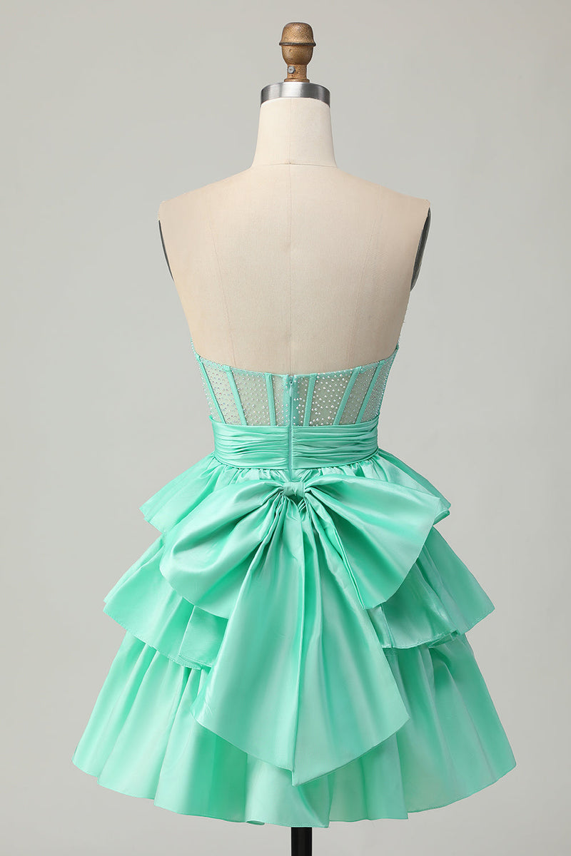 Load image into Gallery viewer, Sparkly Red Ruffled Strapless Corset Short Prom Dress with Bow