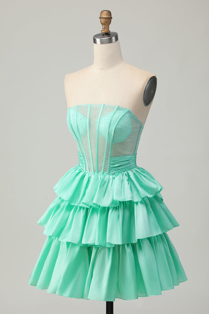 Load image into Gallery viewer, Sparkly Red Ruffled Strapless Corset Short Prom Dress with Bow