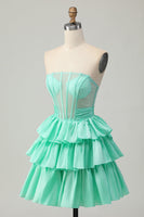 Load image into Gallery viewer, Sparkly Green Ruffled Corset Strapless Short Prom Dress with Bow
