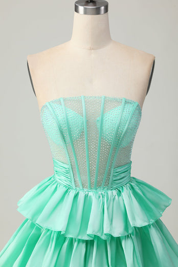 Sparkly Red Ruffled Strapless Corset Short Prom Dress with Bow