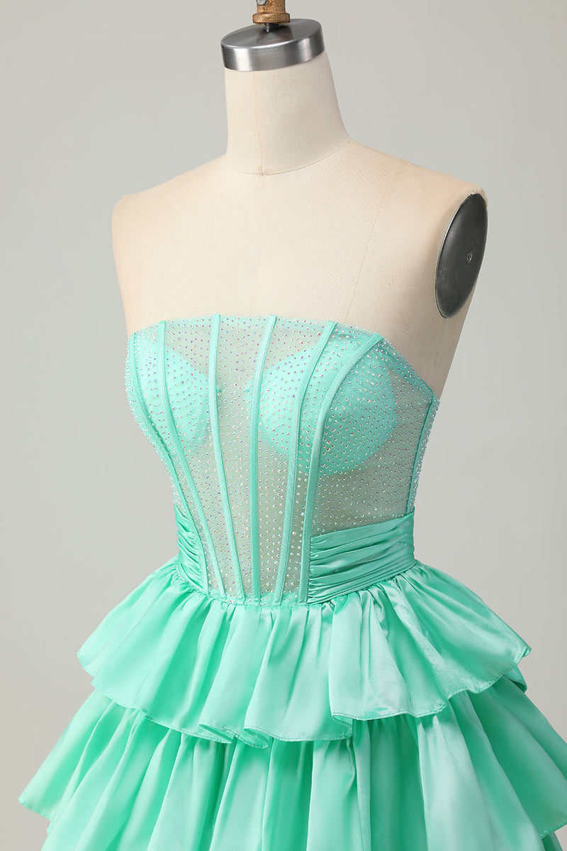 Load image into Gallery viewer, Sparkly Red Ruffled Strapless Corset Short Prom Dress with Bow