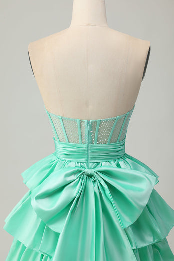 Sparkly Red Ruffled Strapless Corset Short Prom Dress with Bow