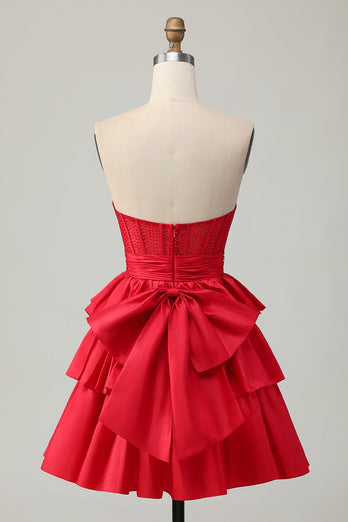 Sparkly Red Ruffled Strapless Corset Short Prom Dress with Bow