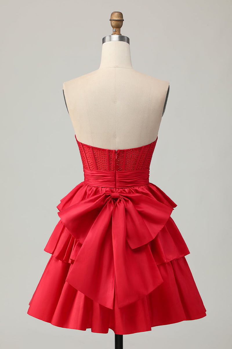 Load image into Gallery viewer, Sparkly Red Ruffled Strapless Corset Short Prom Dress with Bow