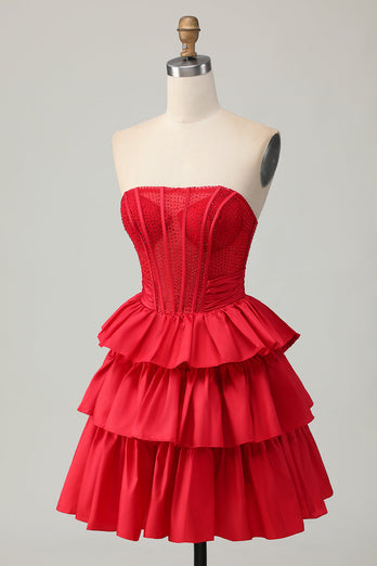 Sparkly Red Ruffled Strapless Corset Short Prom Dress with Bow