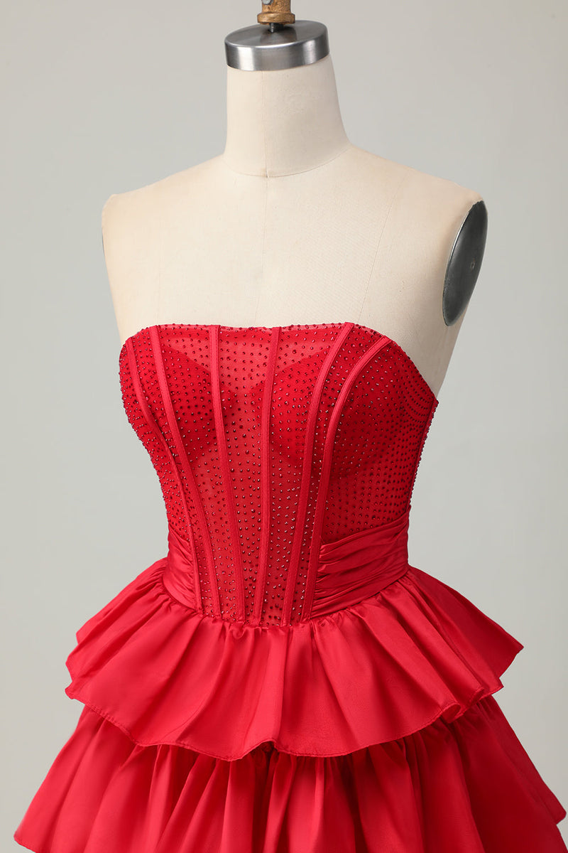 Load image into Gallery viewer, Sparkly Red Ruffled Strapless Corset Short Prom Dress with Bow