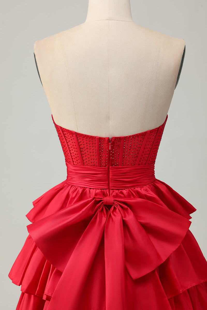Load image into Gallery viewer, Sparkly Red Ruffled Strapless Corset Short Prom Dress with Bow