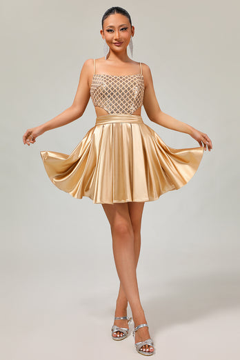 Sparkly Royal Blue A Line Satin Short Prom Dress with Sequins