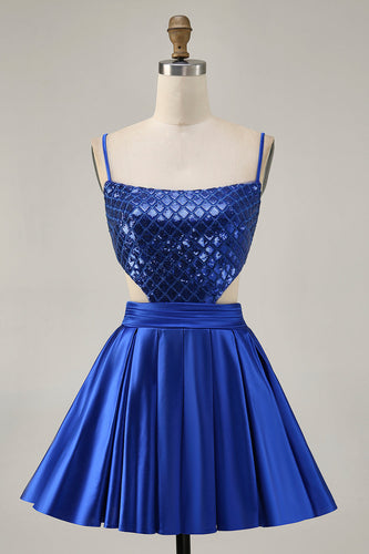 Sparkly Royal Blue A Line Satin Short Prom Dress with Sequins