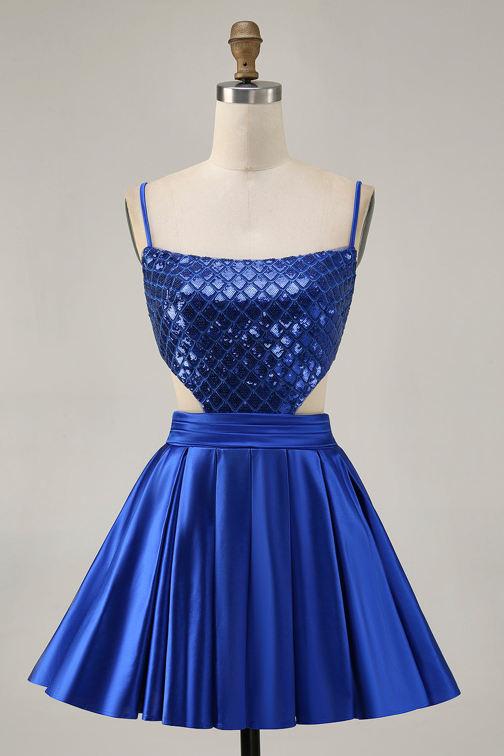 Sparkly Royal Blue A Line Satin Short Prom Dress with Sequins