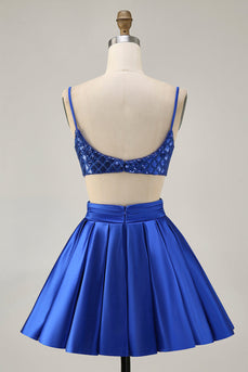 Sparkly Royal Blue A Line Satin Short Prom Dress with Sequins