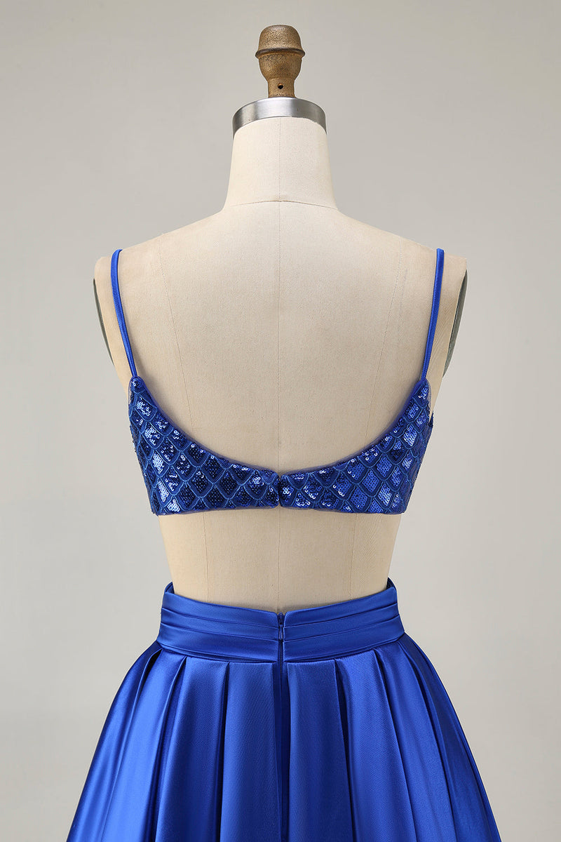 Load image into Gallery viewer, Sparkly Royal Blue A Line Satin Short Prom Dress with Sequins