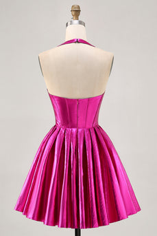 Fuchsia Metallic A Line Halter Short Corset Prom Dress