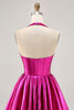 Load image into Gallery viewer, Fuchsia Metallic A Line Halter Short Corset Prom Dress