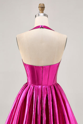 Fuchsia Metallic A Line Halter Short Corset Prom Dress