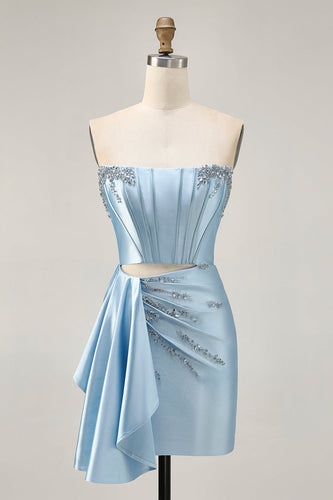 Sparkly Blue Tight Short Corset Prom Dress with Ruffles