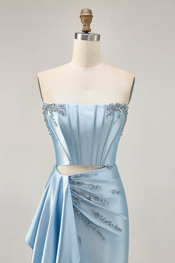 Sparkly Blue Tight Short Corset Prom Dress with Ruffles