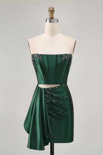 Sparkly Dark Green Short Tight Corset Prom Dress with Sash